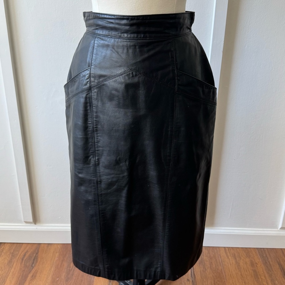 Vintage Toffs 100% Genuine Leather‎ Black High-Waist Pencil Skirt - Size 8